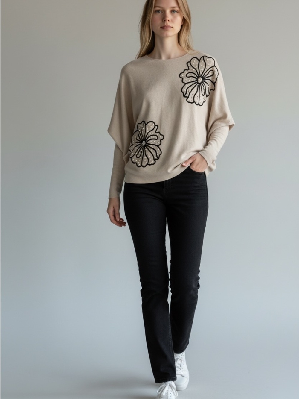 Milano Cream Knit Top with Black Floral Accent